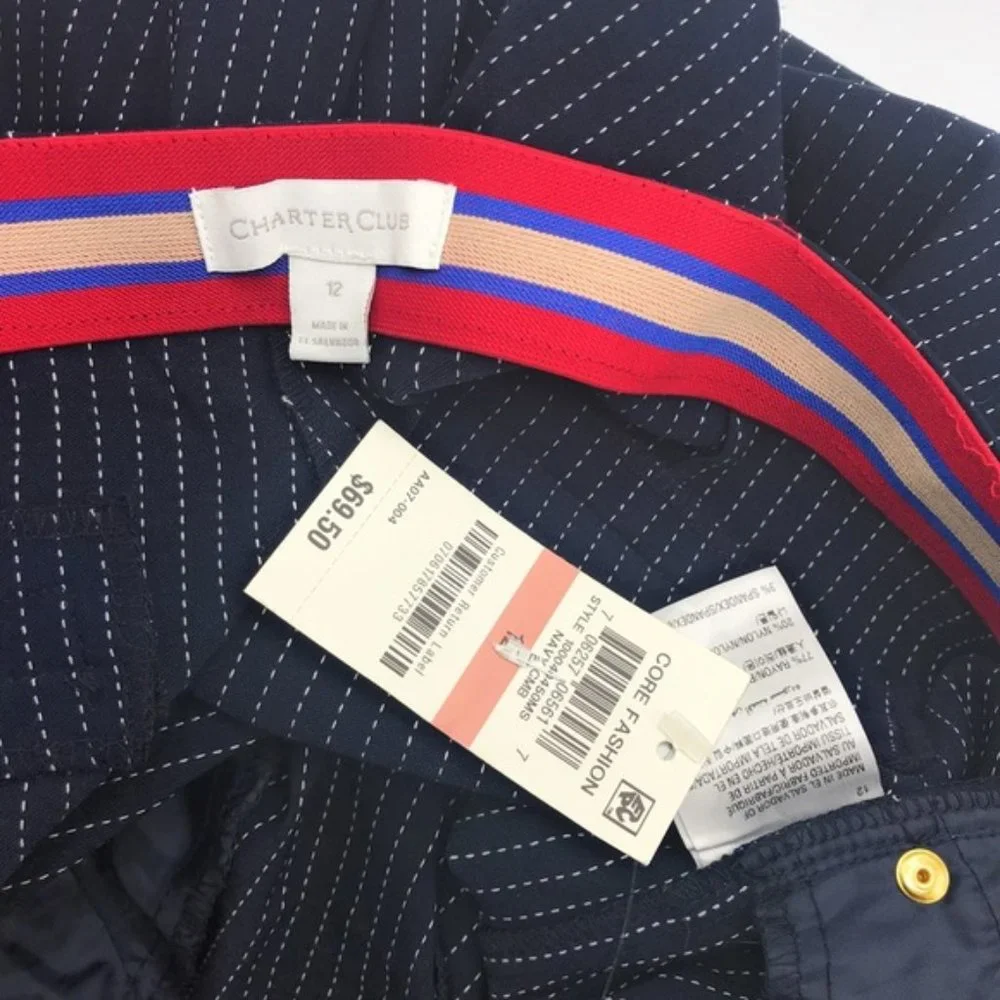 Charter Club Women Navy Blue Striped Slim-Leg Pull On Ankle Pants Size 12 NEW